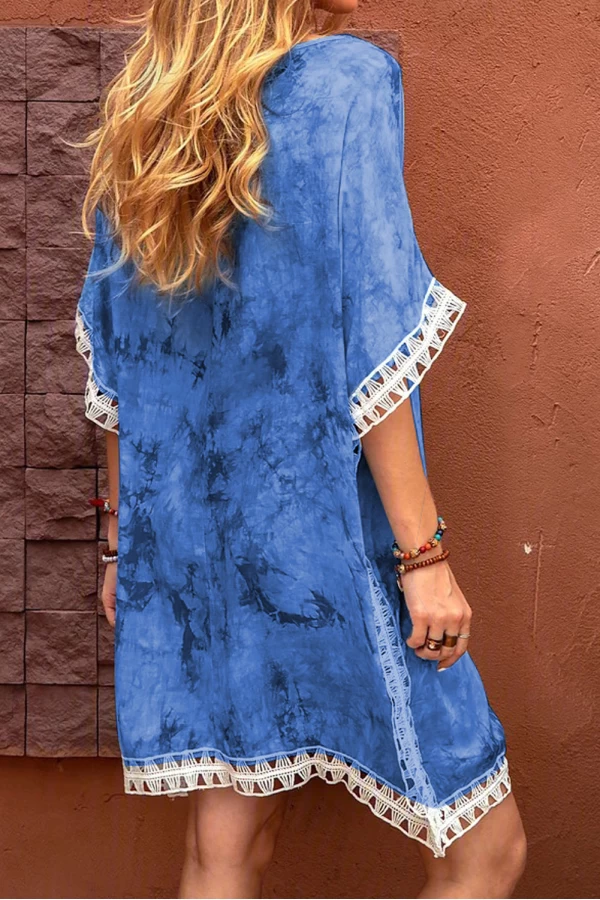 Bright Navy Blue Crochet Tie-dye Printed Cover Up Dress 